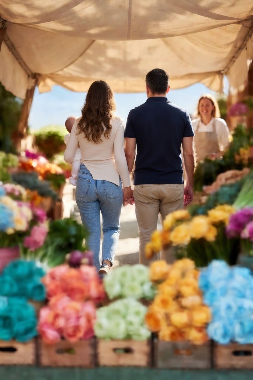 Neighbors browsing stalls at a sunny local market.